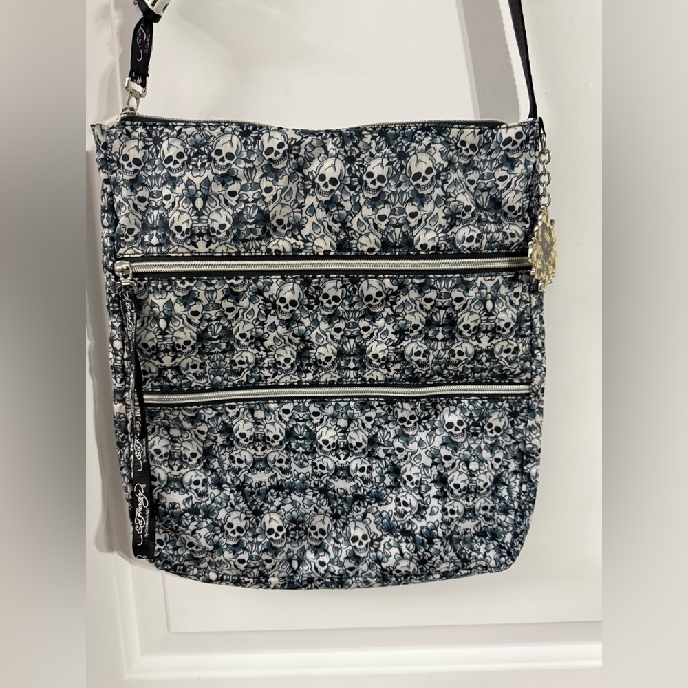 Ed Hardy Skull Pattern Crossbody Bag - Black and Gray